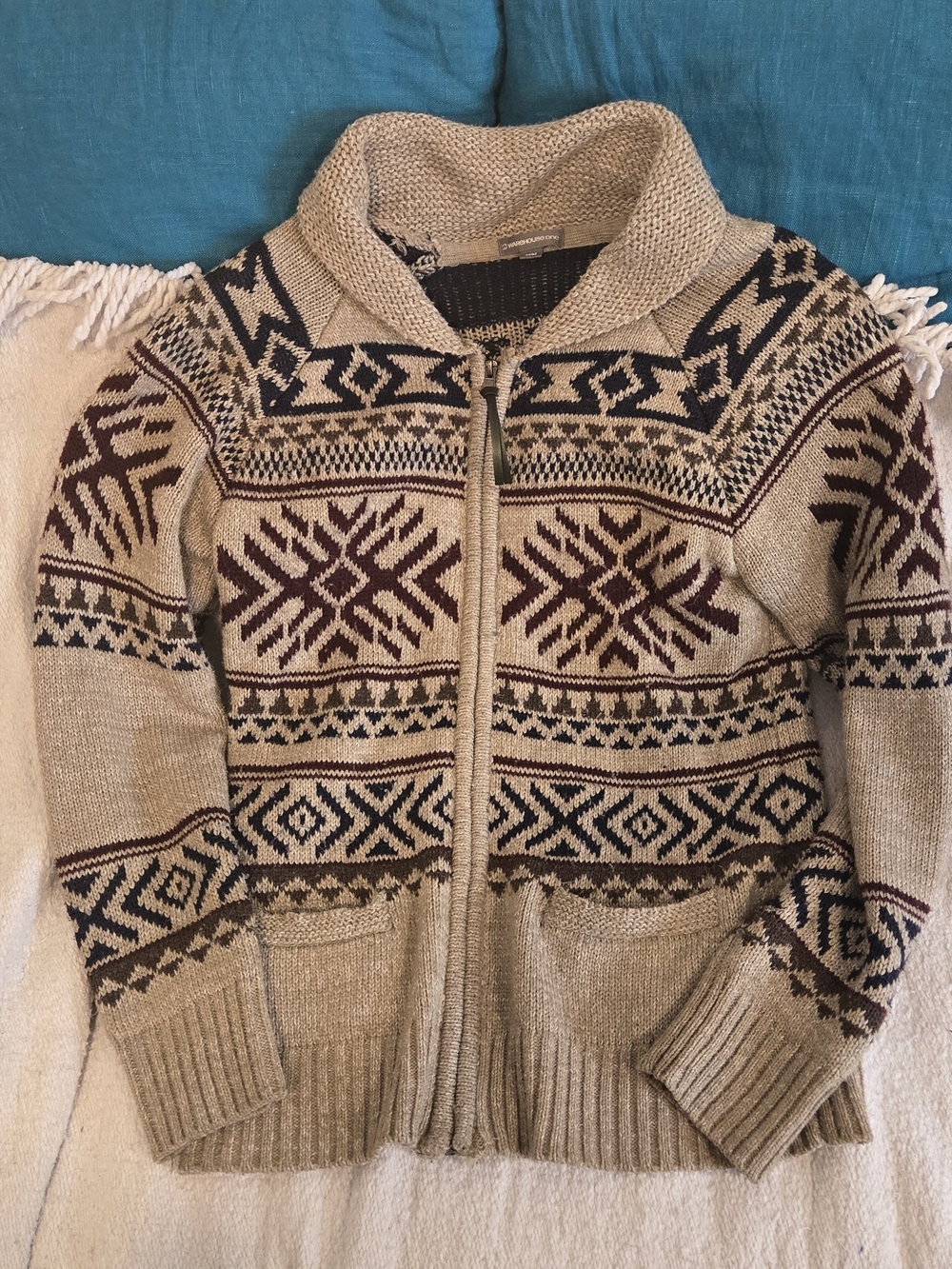 Warehouse One Women’s Fair Isle Full Zip Cardigan Sweater Beige Navy Size M